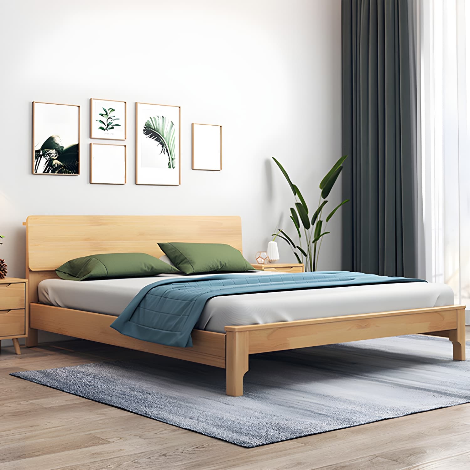 Scandinavian Solid Wood Bed with Rectangle Headboard and 4 Legs - image 4
