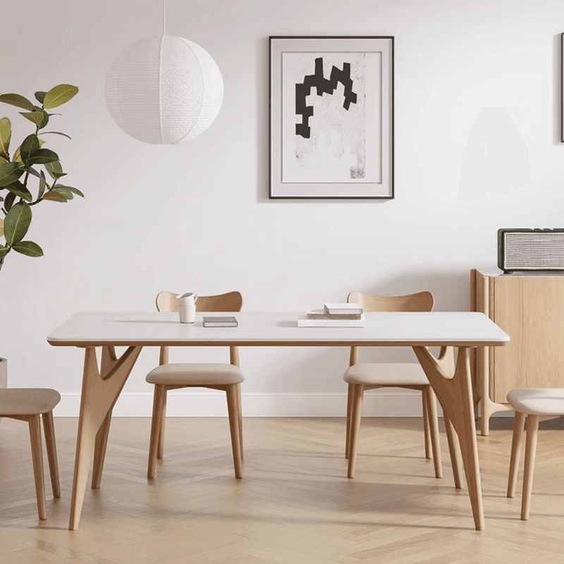 Dining Table Set with Slate Stone Top, Enclosed Back, Fixed Table, Padded Chair for 6 People in White