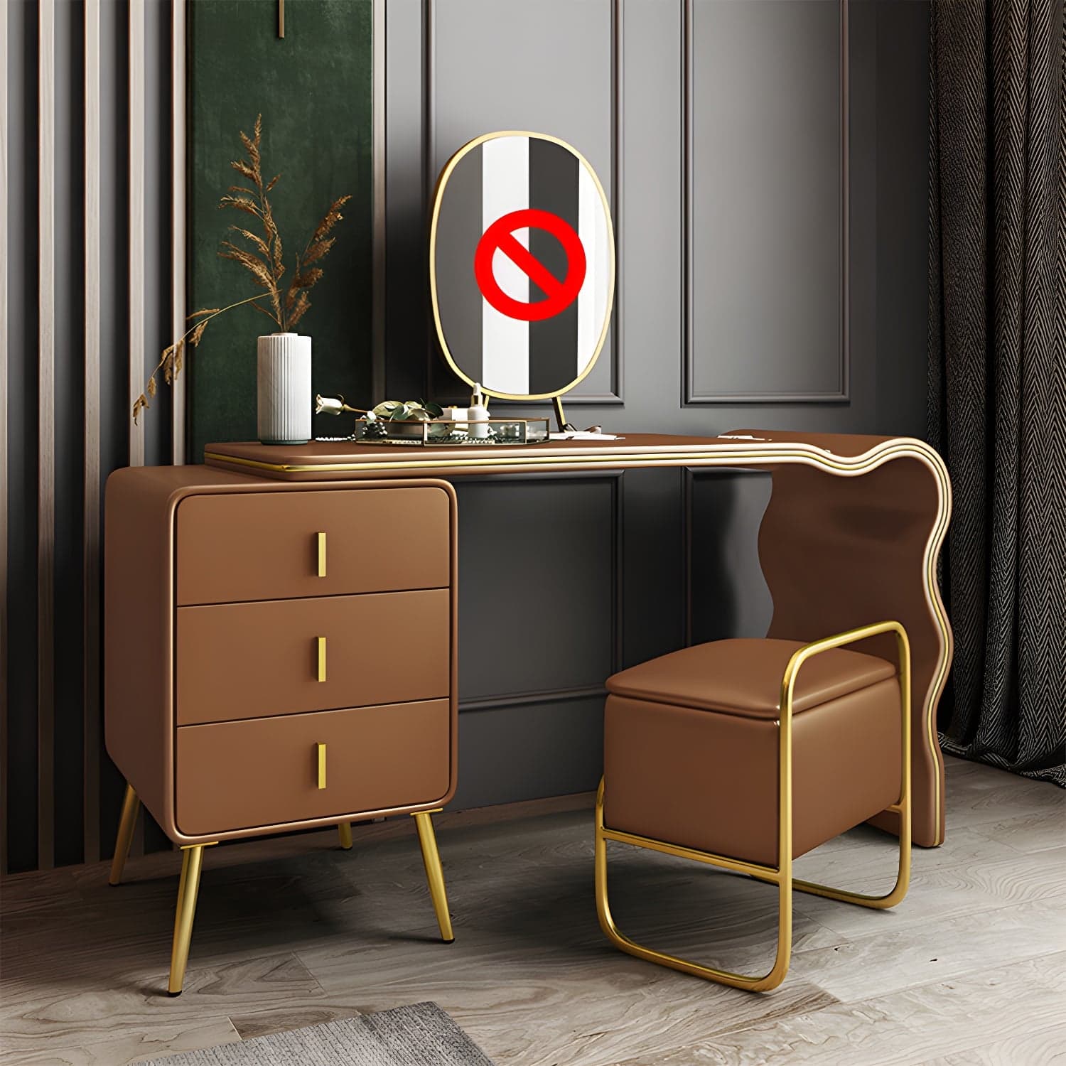 3 Drawers Make-up Vanity Set, 28.74" H Leather Vanity with Stool & Mirror - image 3