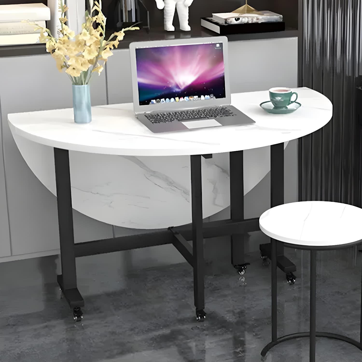 Modern Round Foldable Manufactured Wood Top Dining Table with Black Steel Legs - image 4