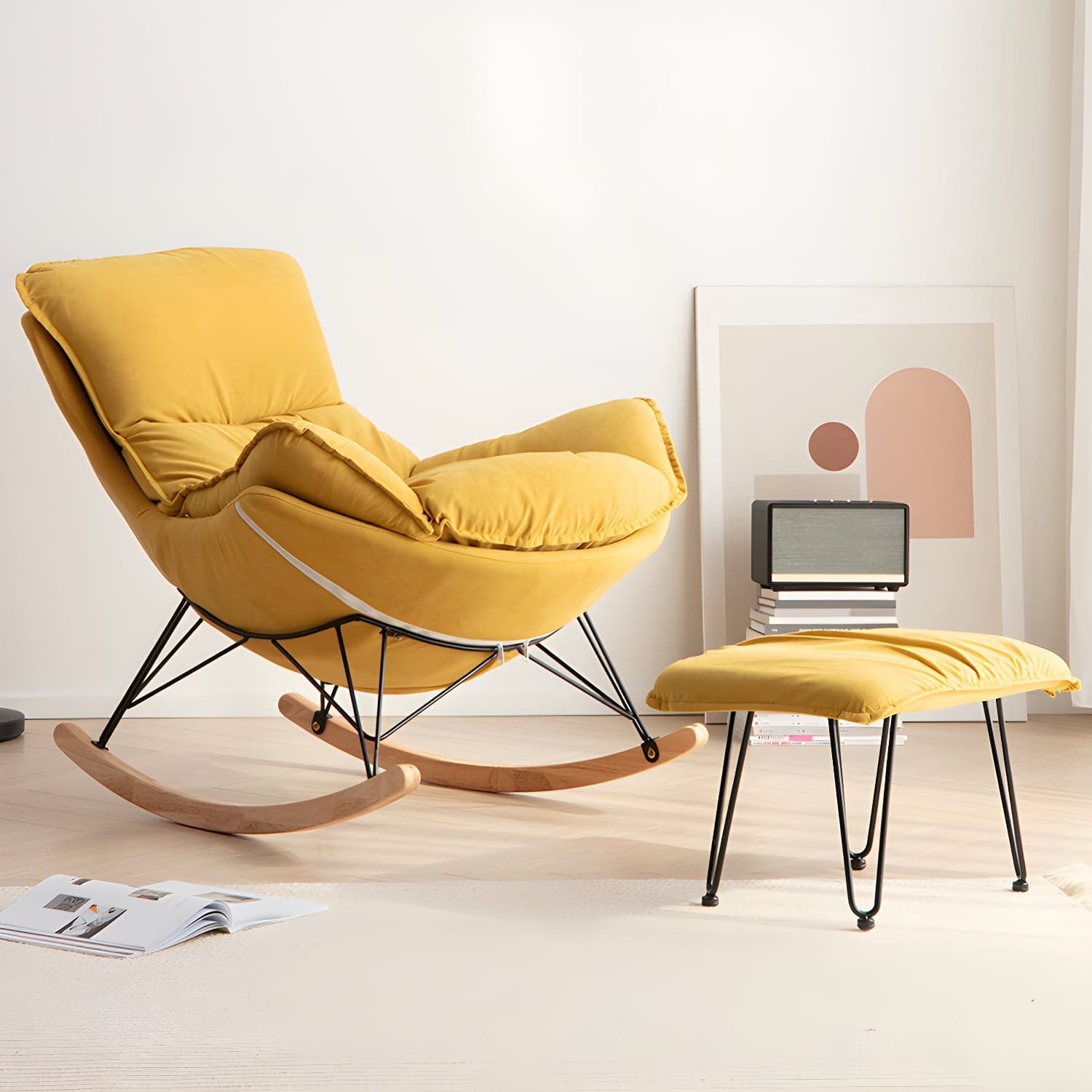 Rocking Chair Fabric Houndstooth Scratch Resistant Rocking Chair with Ottoman - image 10