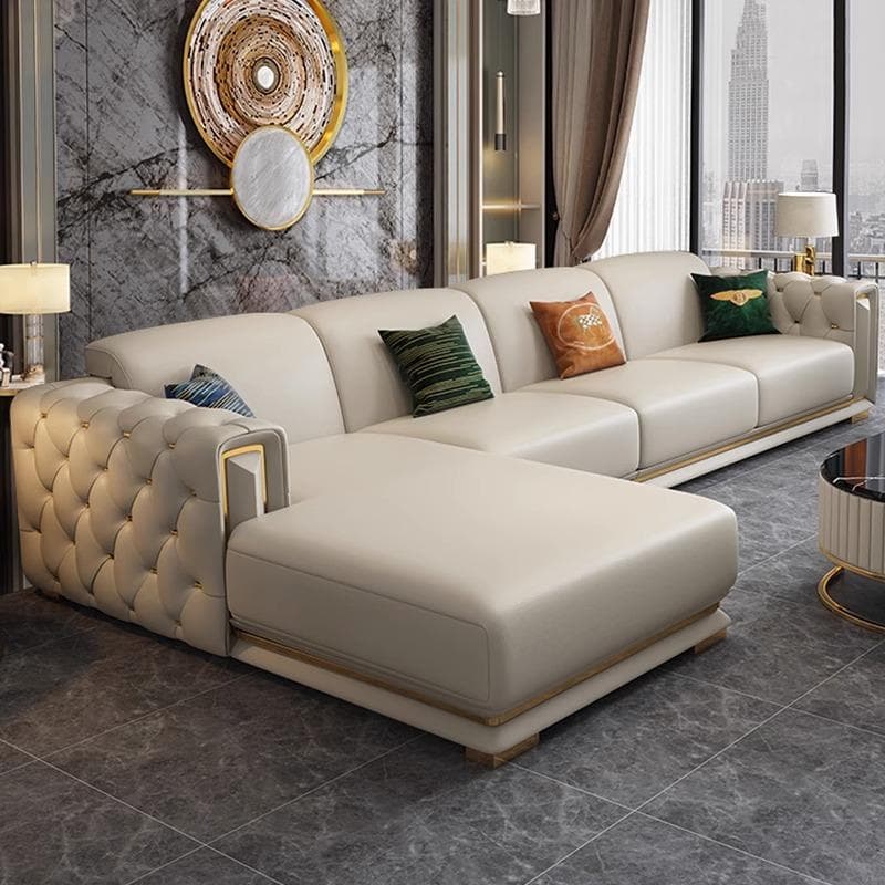 Glam Genuine Leather Sofa and Chaise in Beige with Square Arm