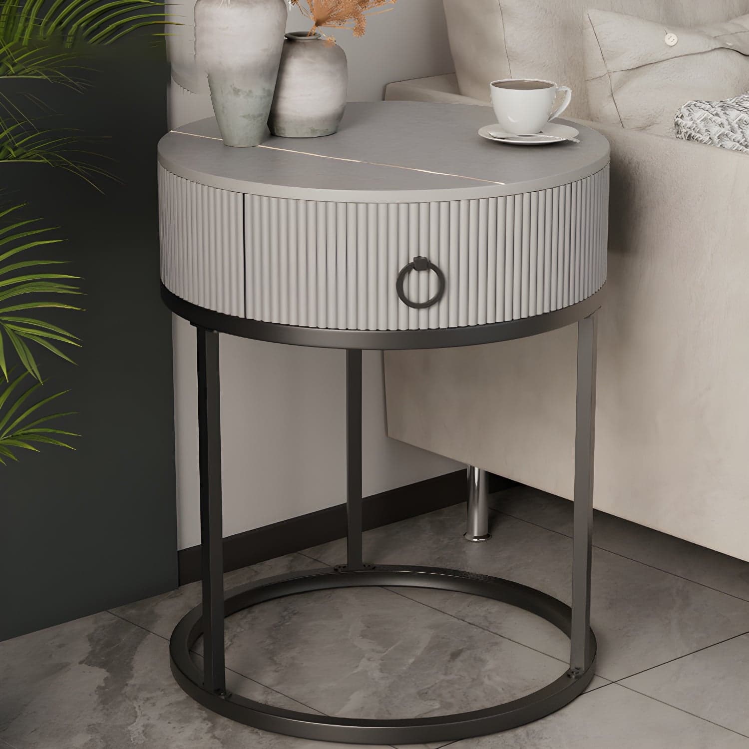 Open Storage Bed Nightstand Stone Bedside Cabinet with Drawer - image 3