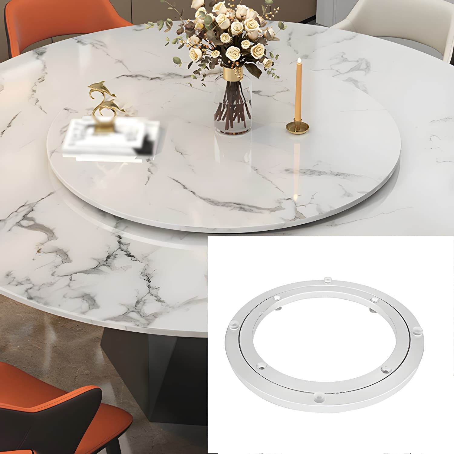 Round White Marble Modern Dining Table with Black Steel Pedestal Base and Convenient Lazy Susan - image 8