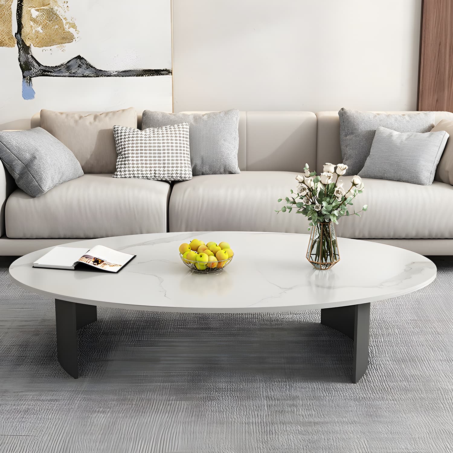 Oval Stone Modern Coffee Table with Double Pedestal Metal Base - image 4