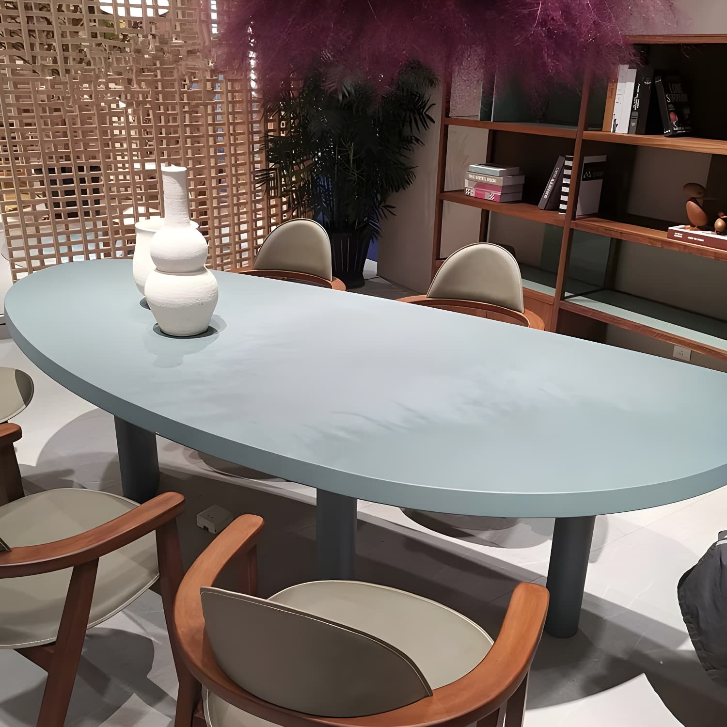 Blue Free Form Scandinavian Dining Table with Wood Top and Legs Standard Height