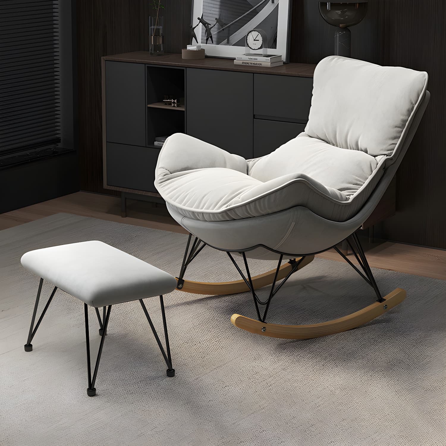 Wing Back Rocking Chair Solid Wood Rocker Chair with Ottoman - image 11