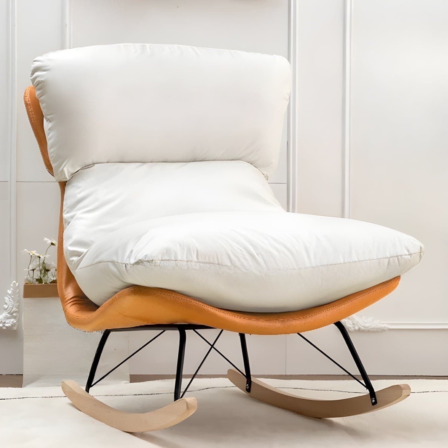 Scandinavian Indoor Upholstered Rocking Chair with Track Arms and Natural Wood Legs - image 6