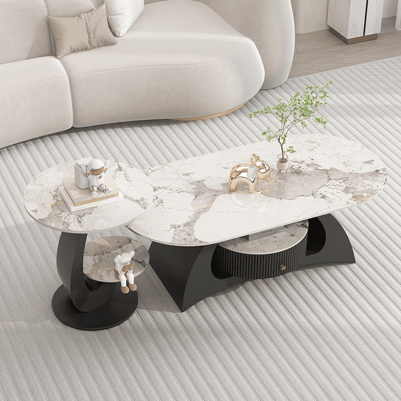 Mission Style Single/Bunching Slate Top Abstract Base White Oval Board Game Coffee Table with 1 Drawer - image 6