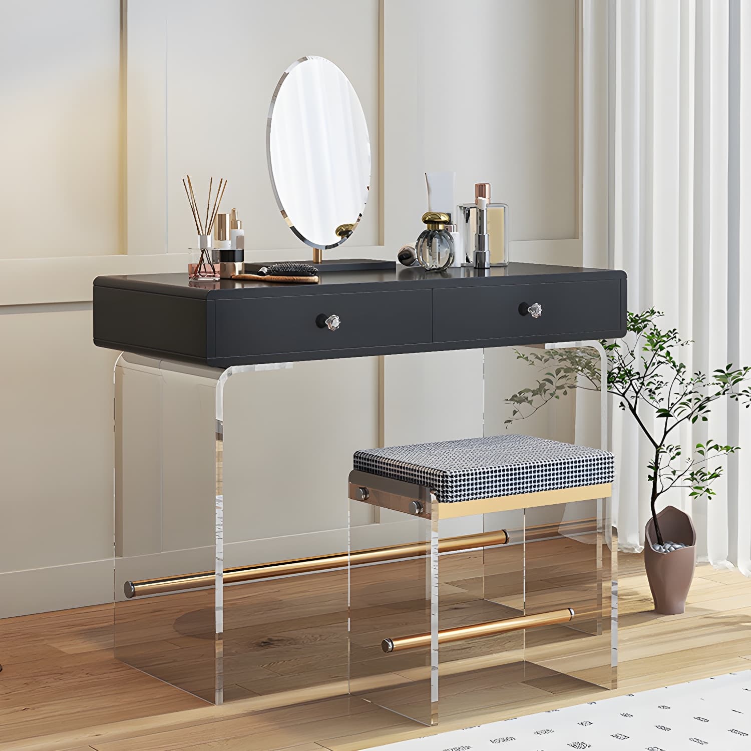2 Drawers Clear Acrylic Makeup Table Contemporary 17.72" D Vanity Set with Stool & Mirror - image 6