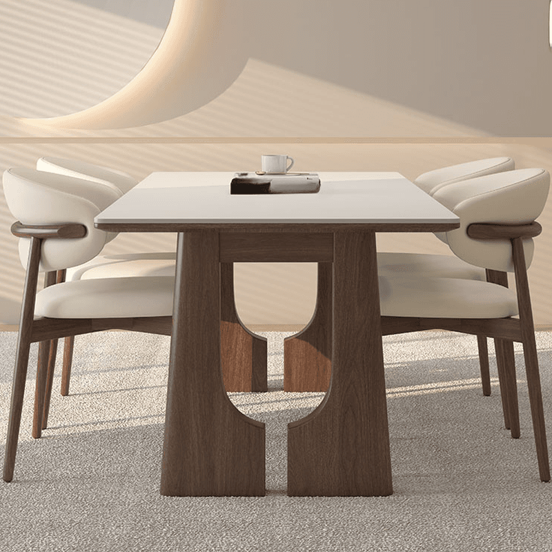 Dining Table Set with Slate Two-sided Pedestal, Upholstered Back, Fixed Table, Padded Chair, and White Top