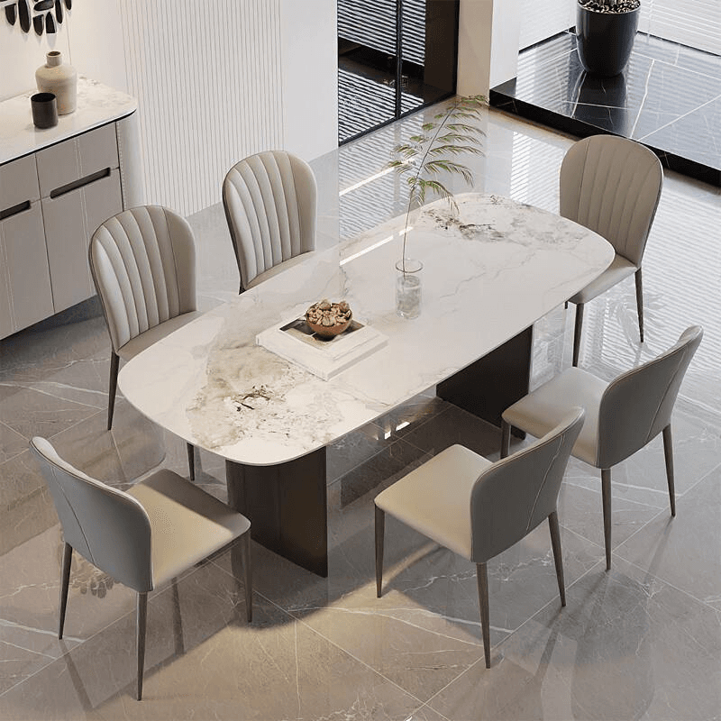 Dining Table Set with Slate Stone Top, Two-sided Pedestal Base, Fixed Table, Padded Chair with Back, in White