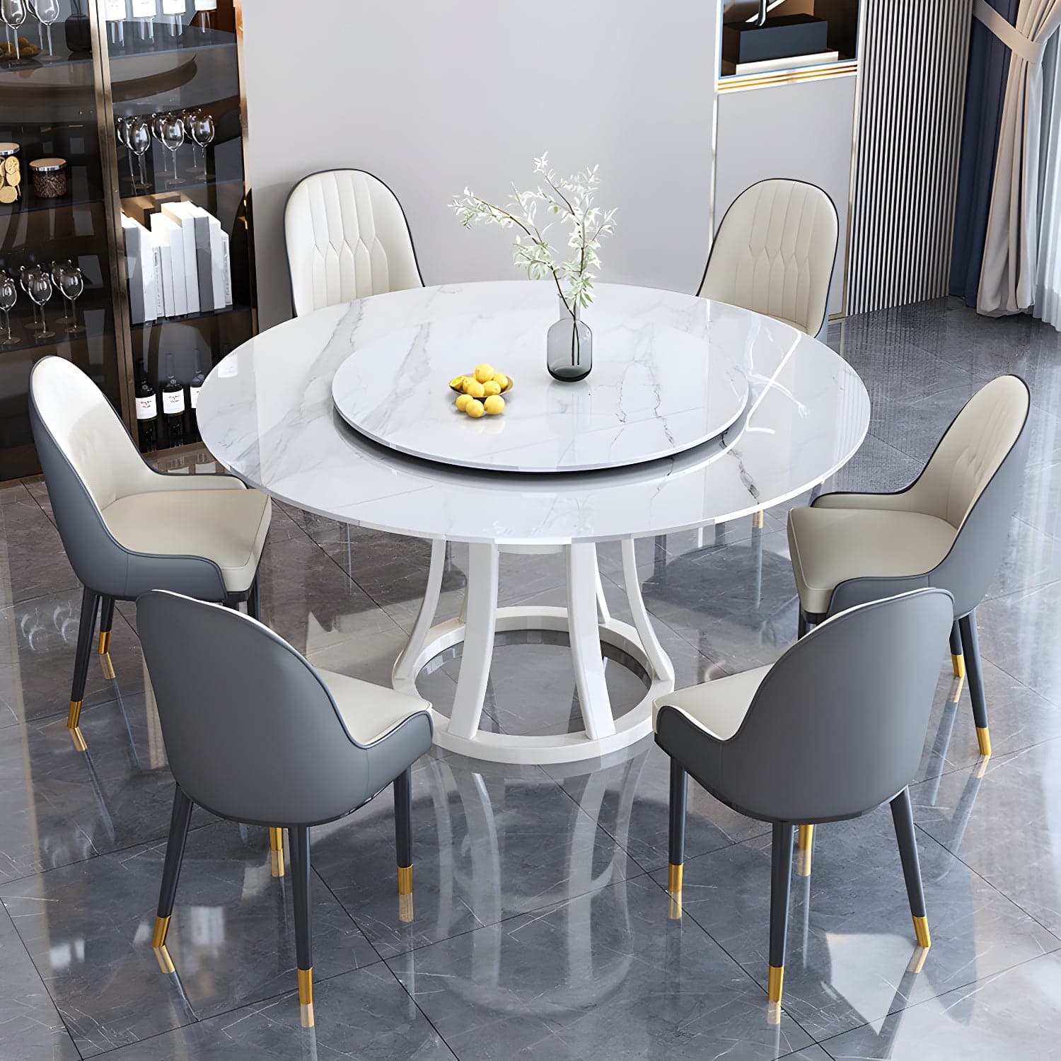 Round Sintered Stone Dining Table Modern Turntable Furniture with Solid Wood Pedestal Base - image 3