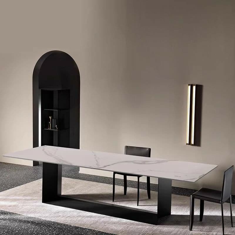 Modern Rectangle Stone Top Dining Table with Sleek Black Steel Trestle Base - image 9