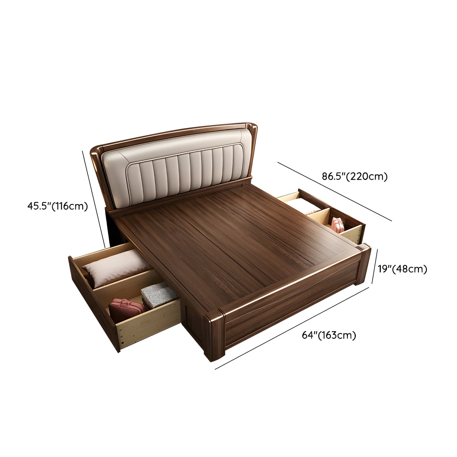 Traditional Walnut Wood Brown Bed with Rectangular Upholstered Headboard for Bedroom - image 14