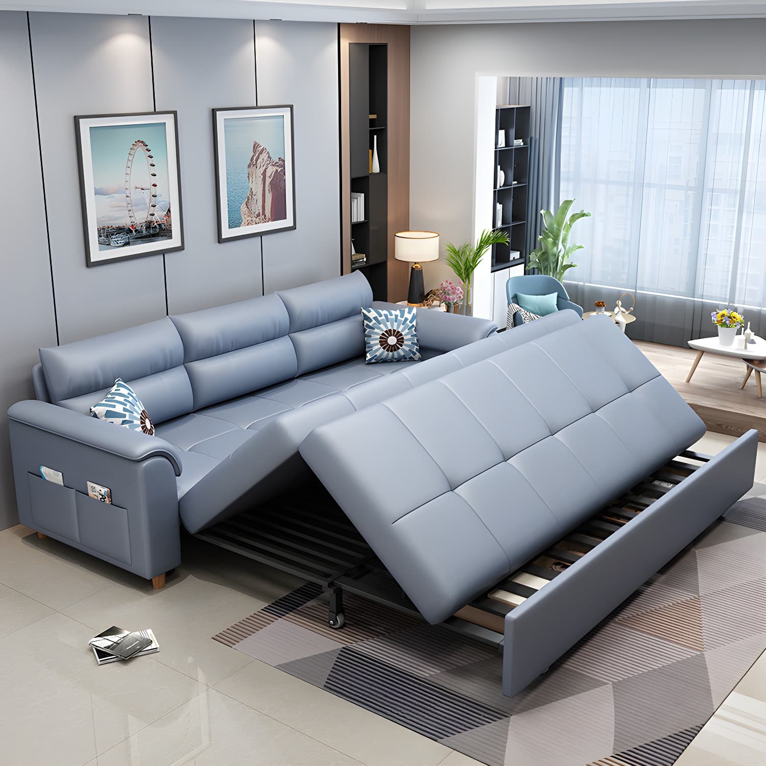 Cotton Blend and Faux Leather Biscuit Back Pillow Top Arm Couch Bed - image 12