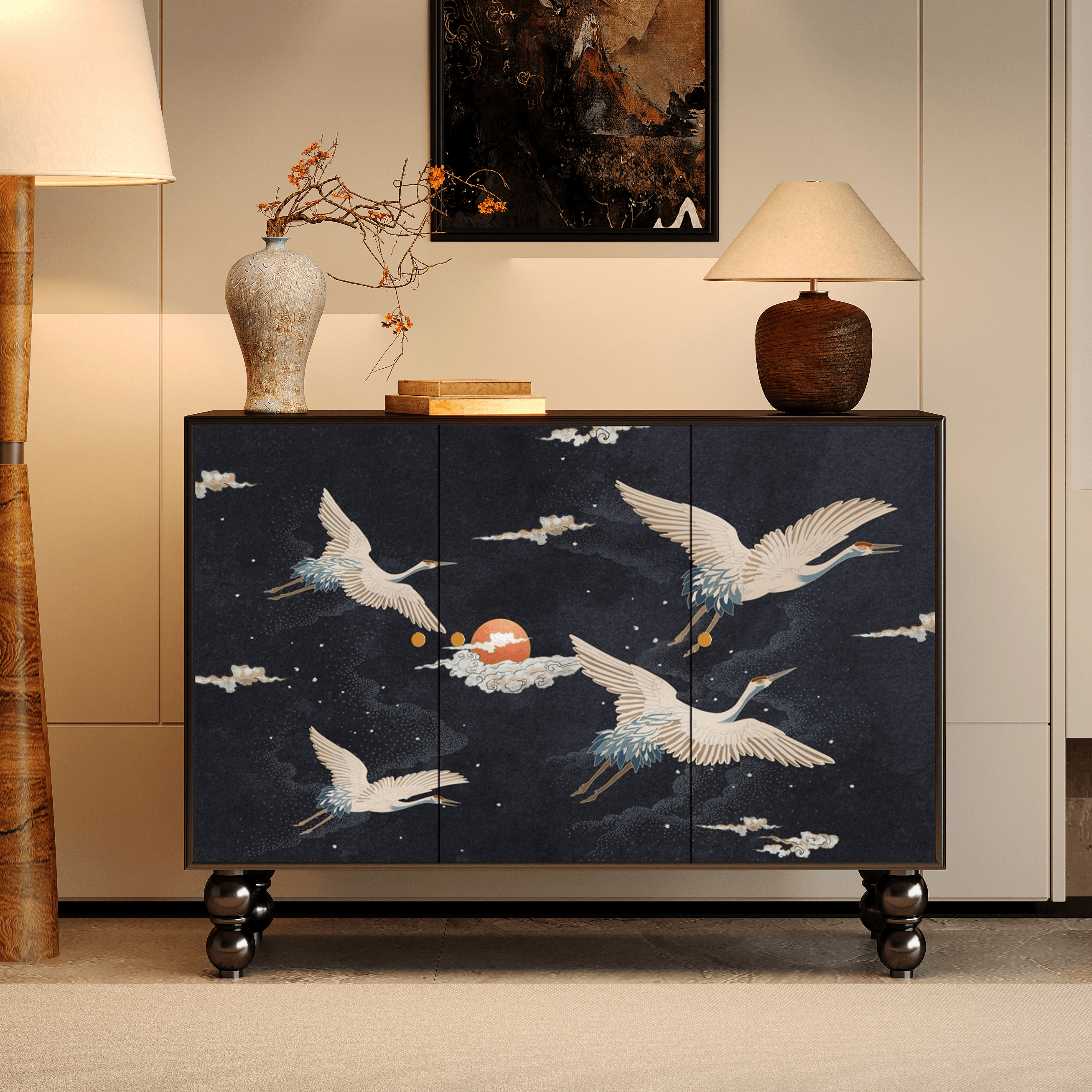 Asian Unattached Scratch-repellent Midnight Black Lumber Utility Storage Cabinet with Pull Knobs & Closet