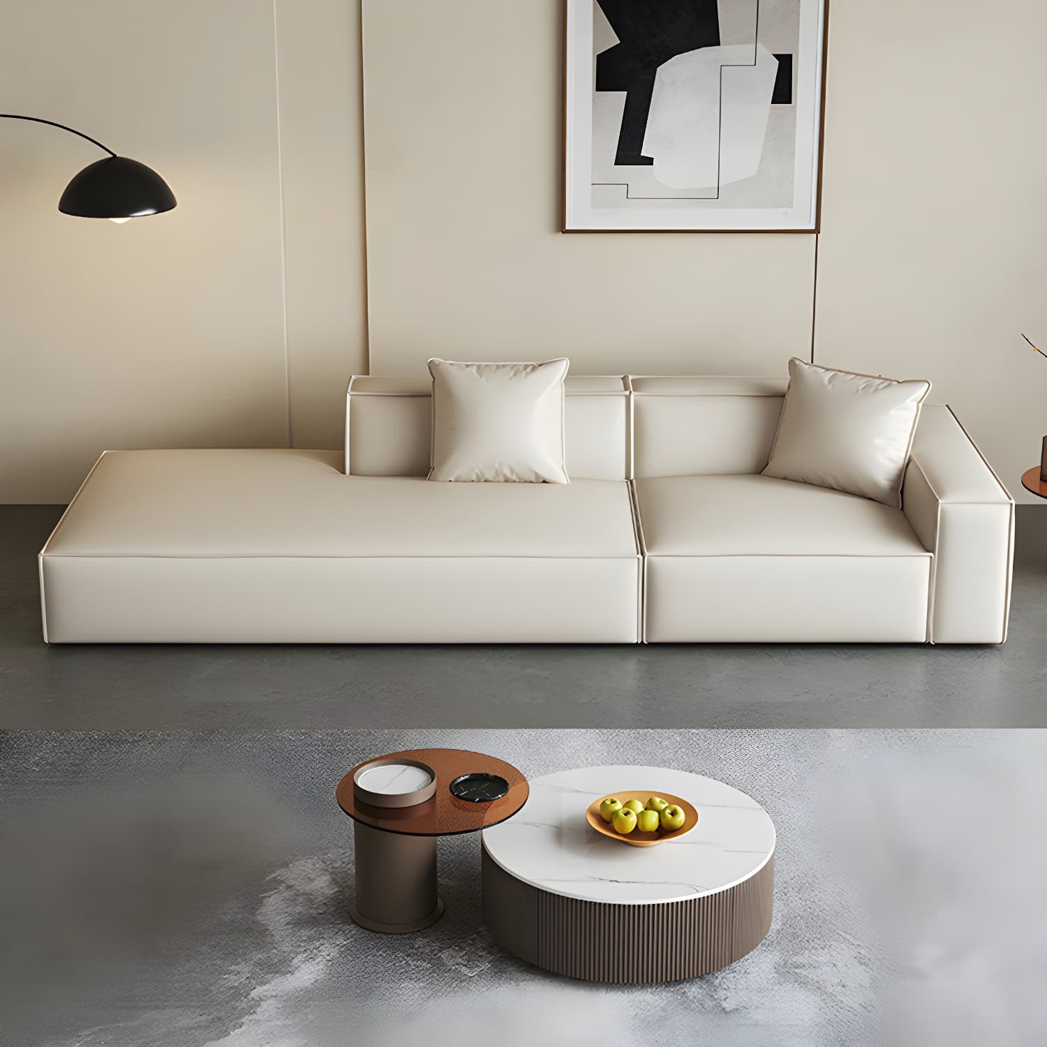 Modern Beige Pillow Back Sectional Sofa in Silicone Rubber with Wood Frame