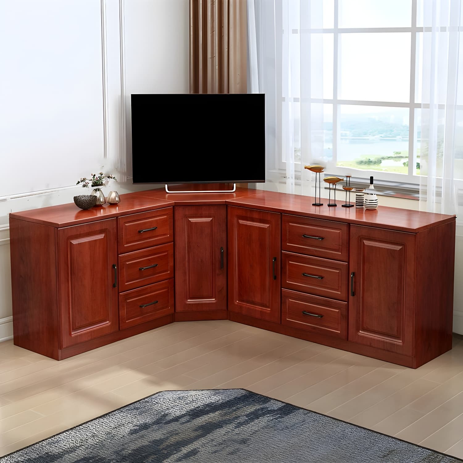 Modern Solid Wood Corner TV Stand Console with 6 - Drawer - 27.56"