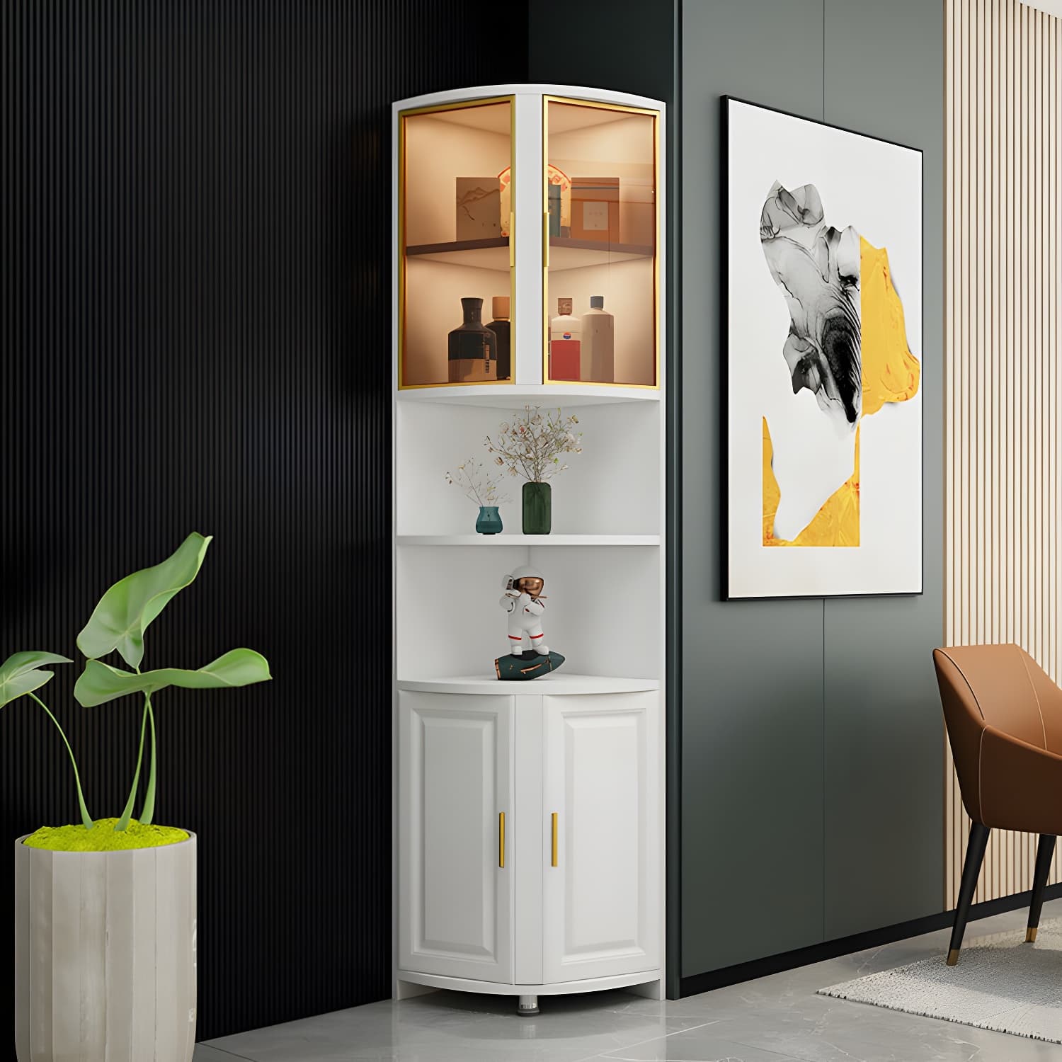 Modern White Corner Accent Cabinet with Glass Doors and Cabinets Included
