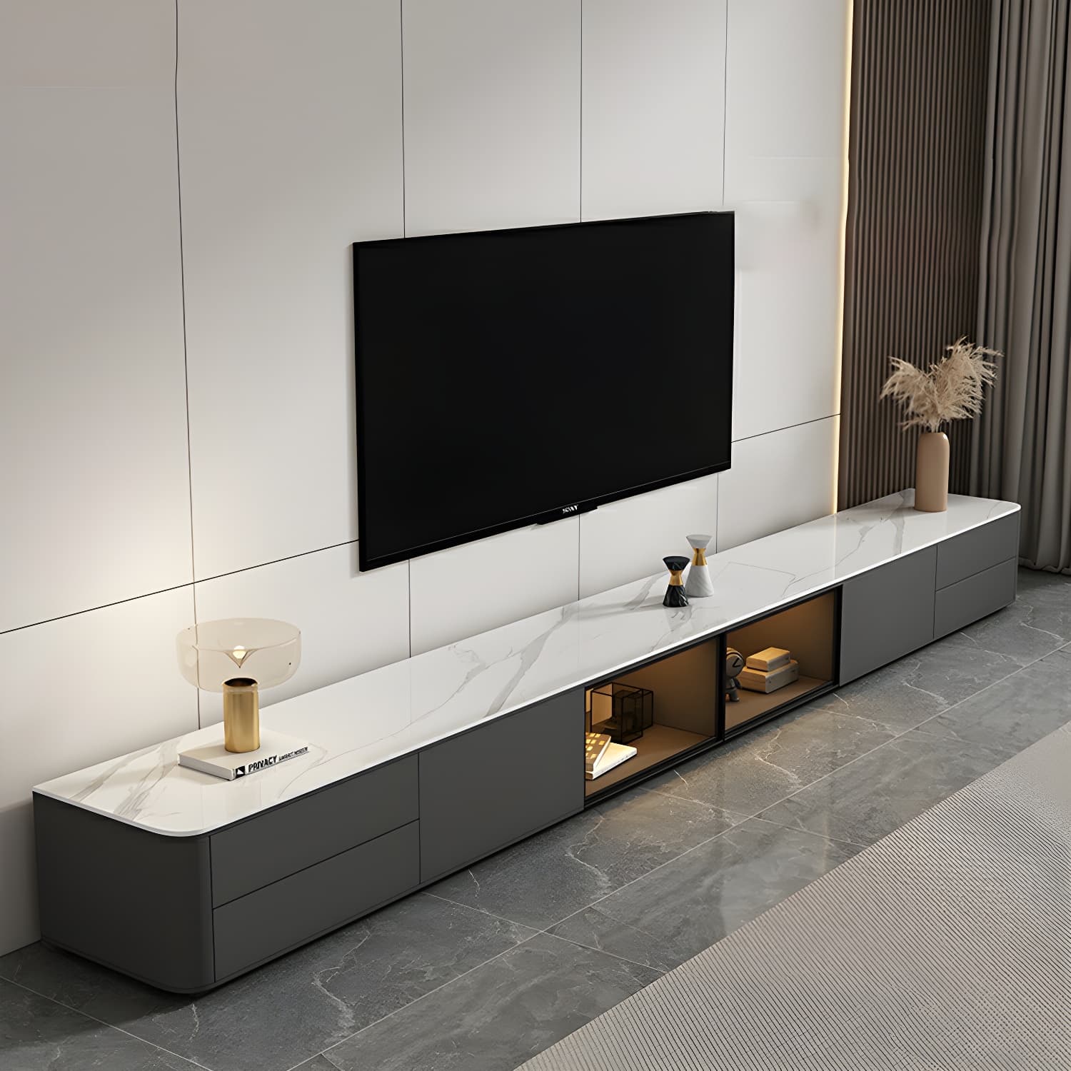 Grey Stone TV Stand with Drawers and Cabinet and No Cable Management for Modern-Style Long TVs