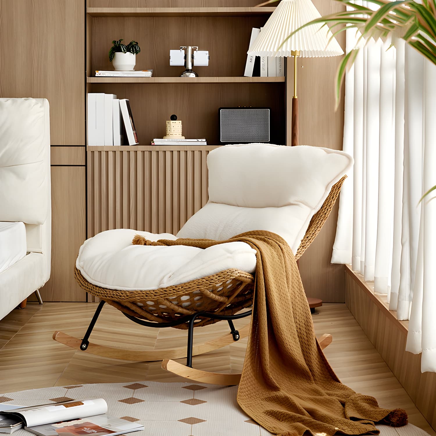 Rattan Brown Frame Rocking Chair Solid Wood Armless for Outdoor - image 9
