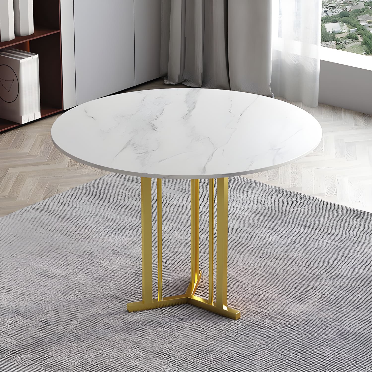 Stone Top Dining Table Contemporary Dining Table with Gold Pedestal Base - image 11