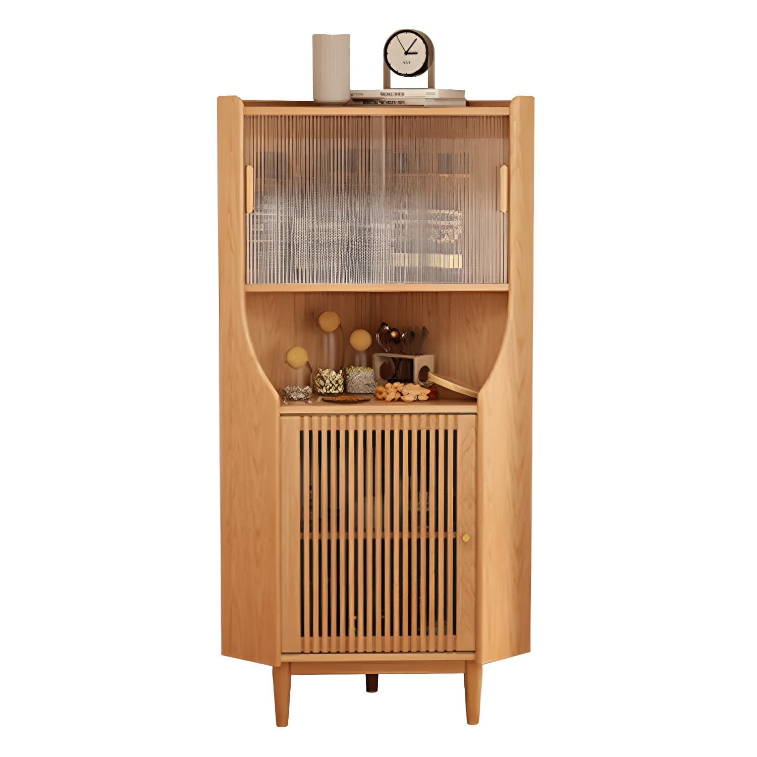 Corner Scandinavian Accent Cabinet with Wood Counter Top and Glass Doors, 2 Exterior Shelves