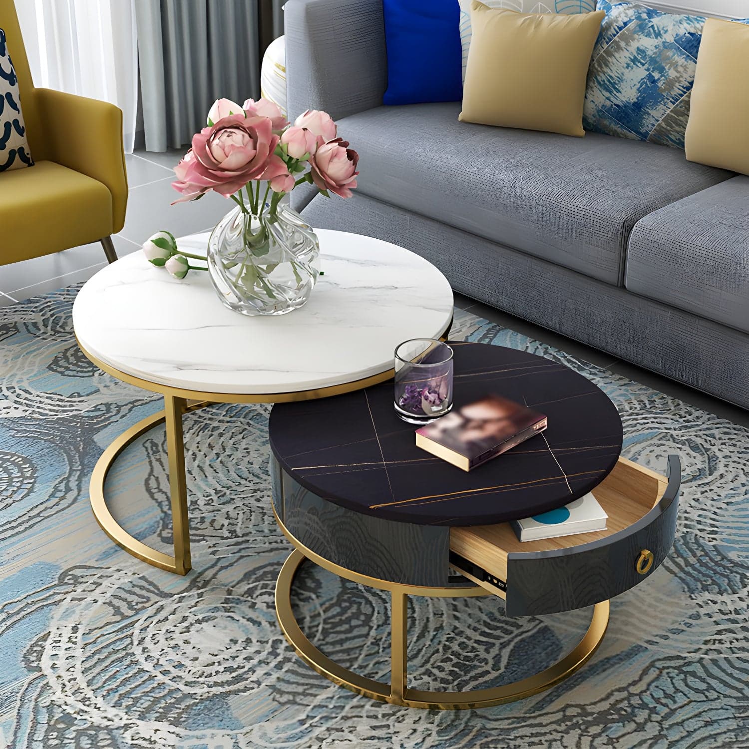 Round Frame Coffee Table Slate Nesting Coffee Table Set with Drawer - image 4