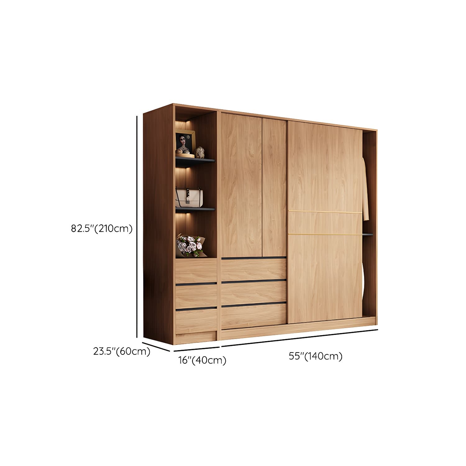Natural Finish Wardrobe Armoire Sliding Wardrobe Cabinet with Drawer - image 20