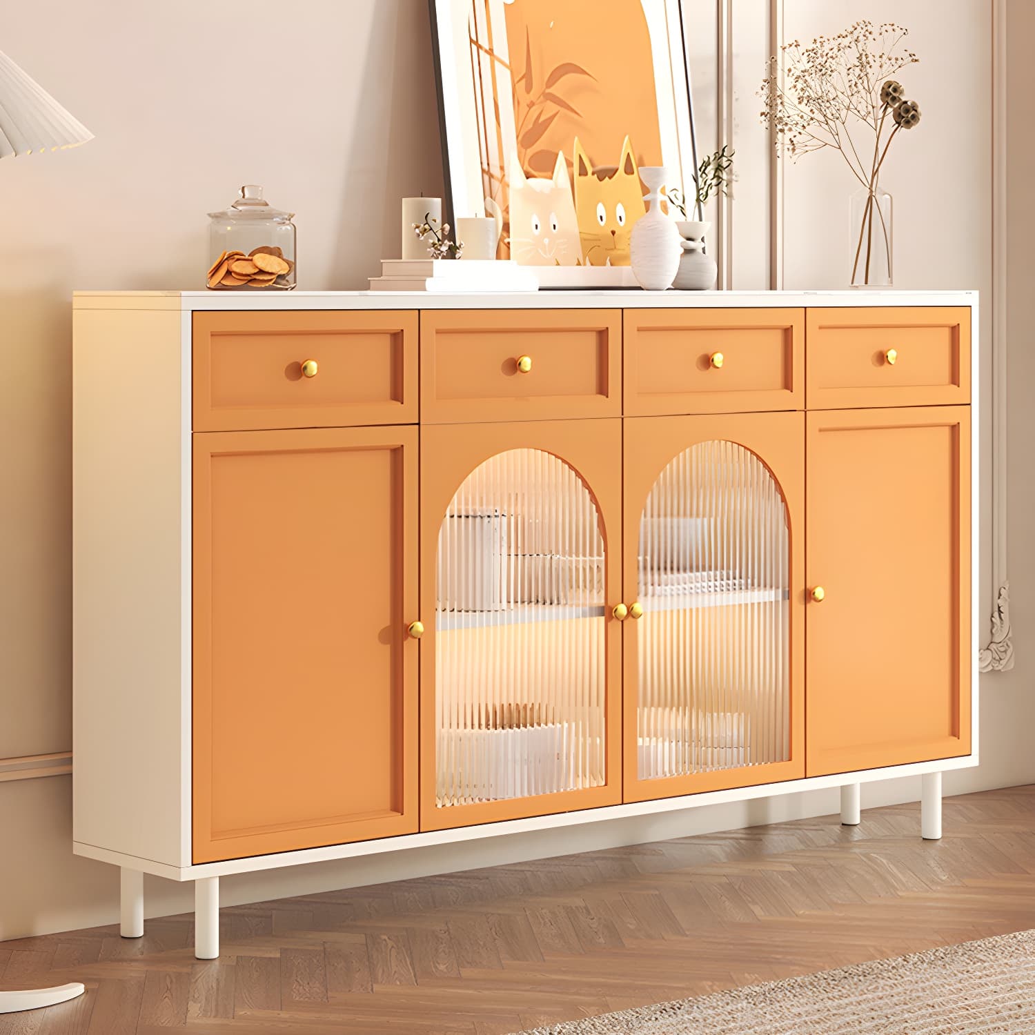Wooden Buffet Server with Stone Countertop, Glass Doors, and Drawers - image 6