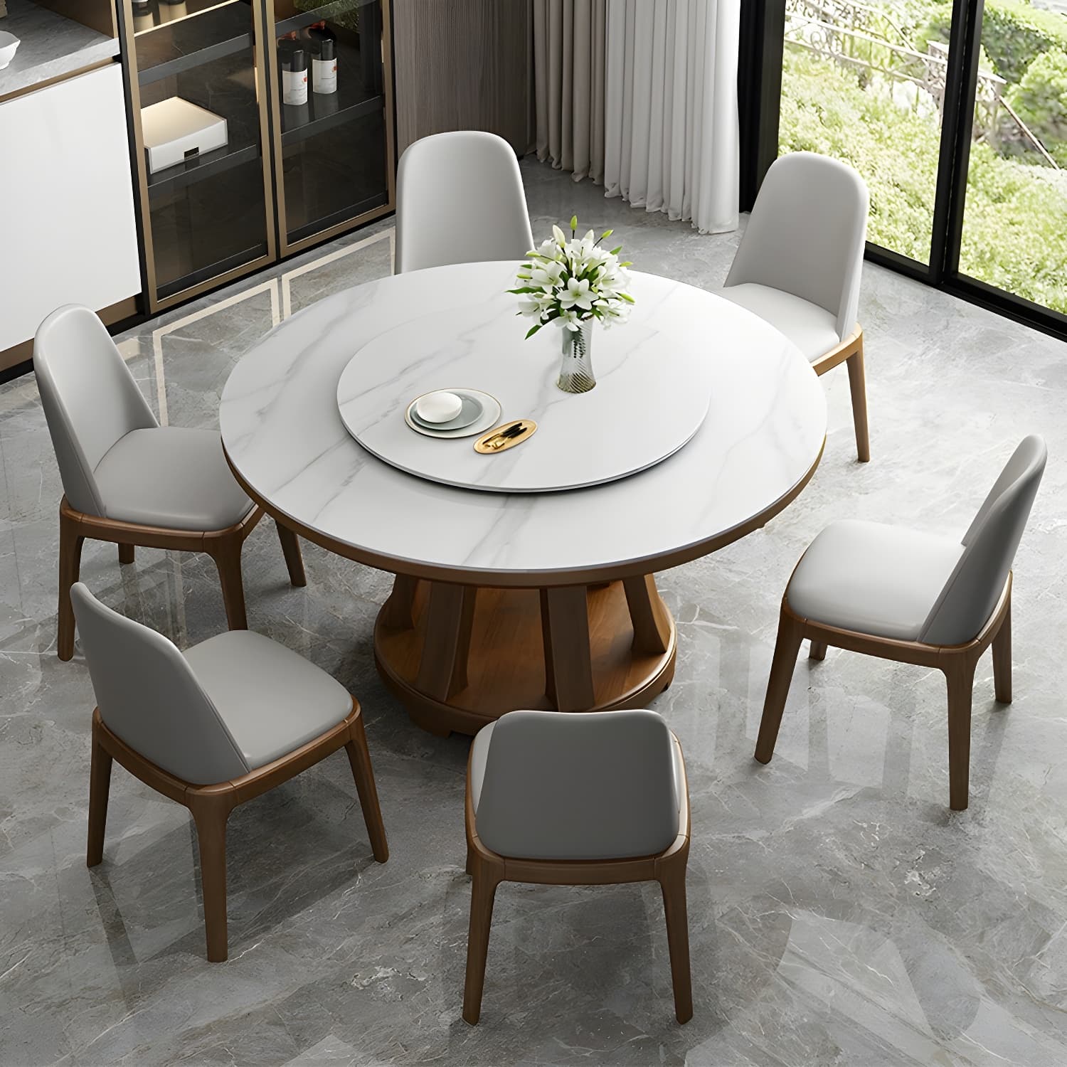 Modern Wood Dining Table Set with White Table top and Solid Wood Brown Base - image 3