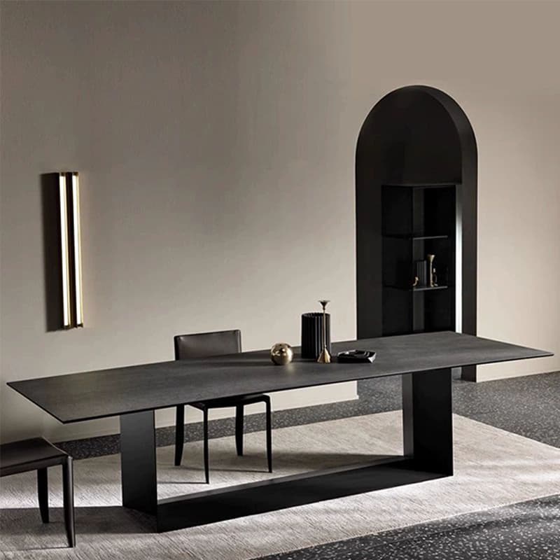 Modern Rectangle Stone Top Dining Table with Sleek Black Steel Trestle Base - image 4