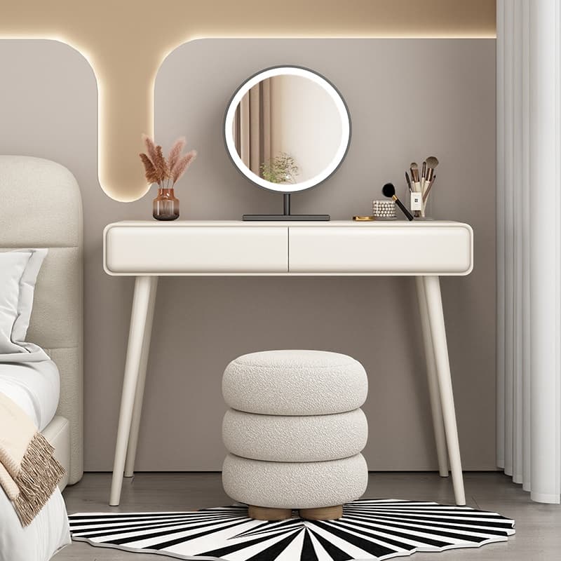Simplistic Standard/Small Vanity Set with Reclaimed Wood Table Top, White Seat, 2 Drawers, and Mirror Lights
