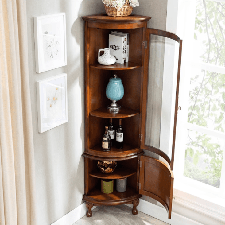Traditional Medium Brown Corner Accent Cabinet with Wood Countertop and Exterior Shelving