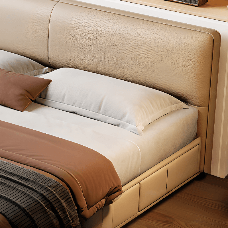 Cream Solid Color Storage Bed/Storage Panel Bed with 3 Storage Boxes, Genuine Leather Frame, Panel Headboard, and Sponge Upholstery for Living Room - image 7