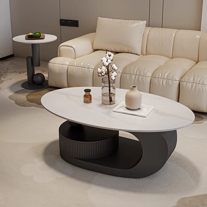 Modern Oval Stone Top Coffee Table, Abstract Iron Base, Scratch Resistant - image 14