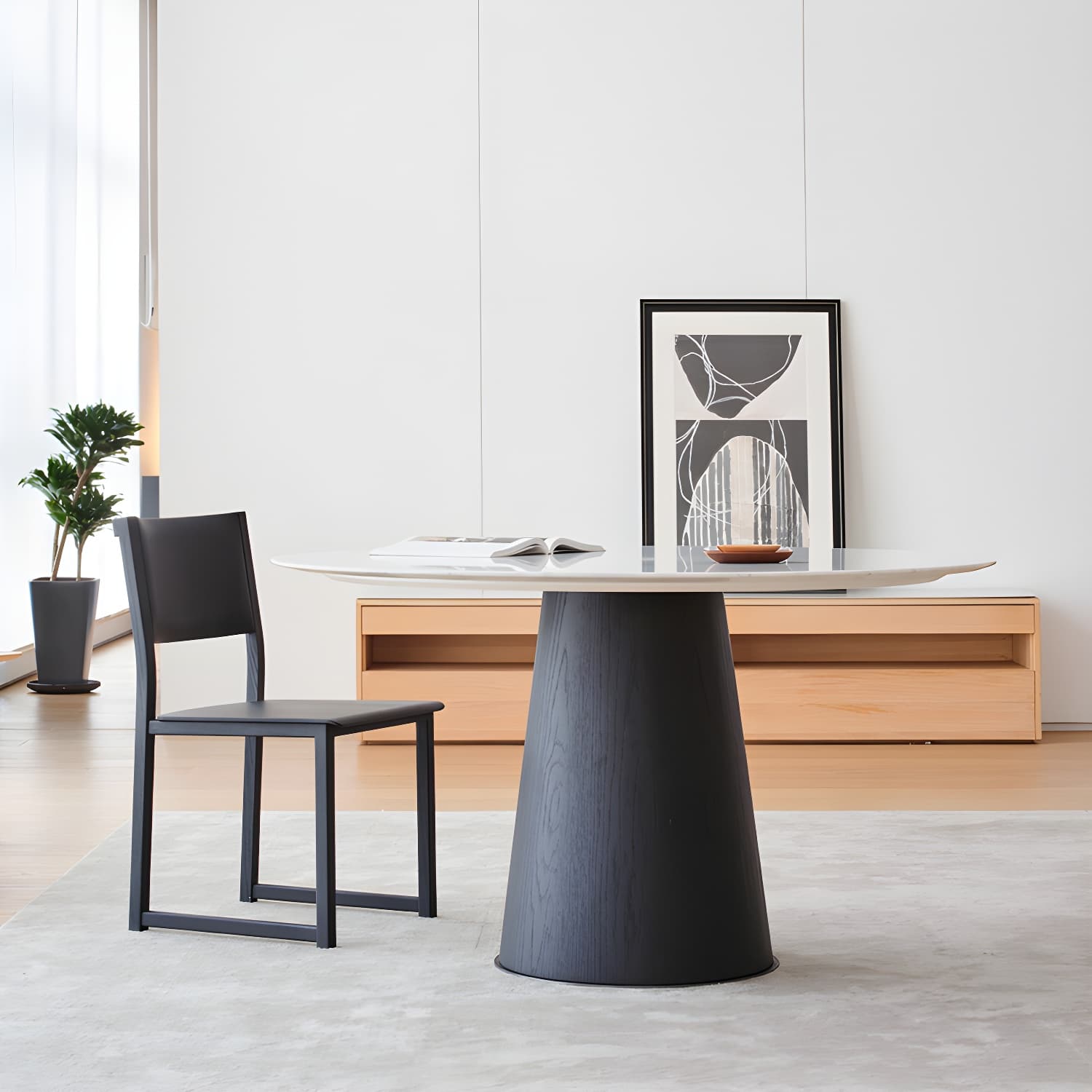 Modern Round Dining Table White Stone Tabletop with Wood Pedestal Base - image 5