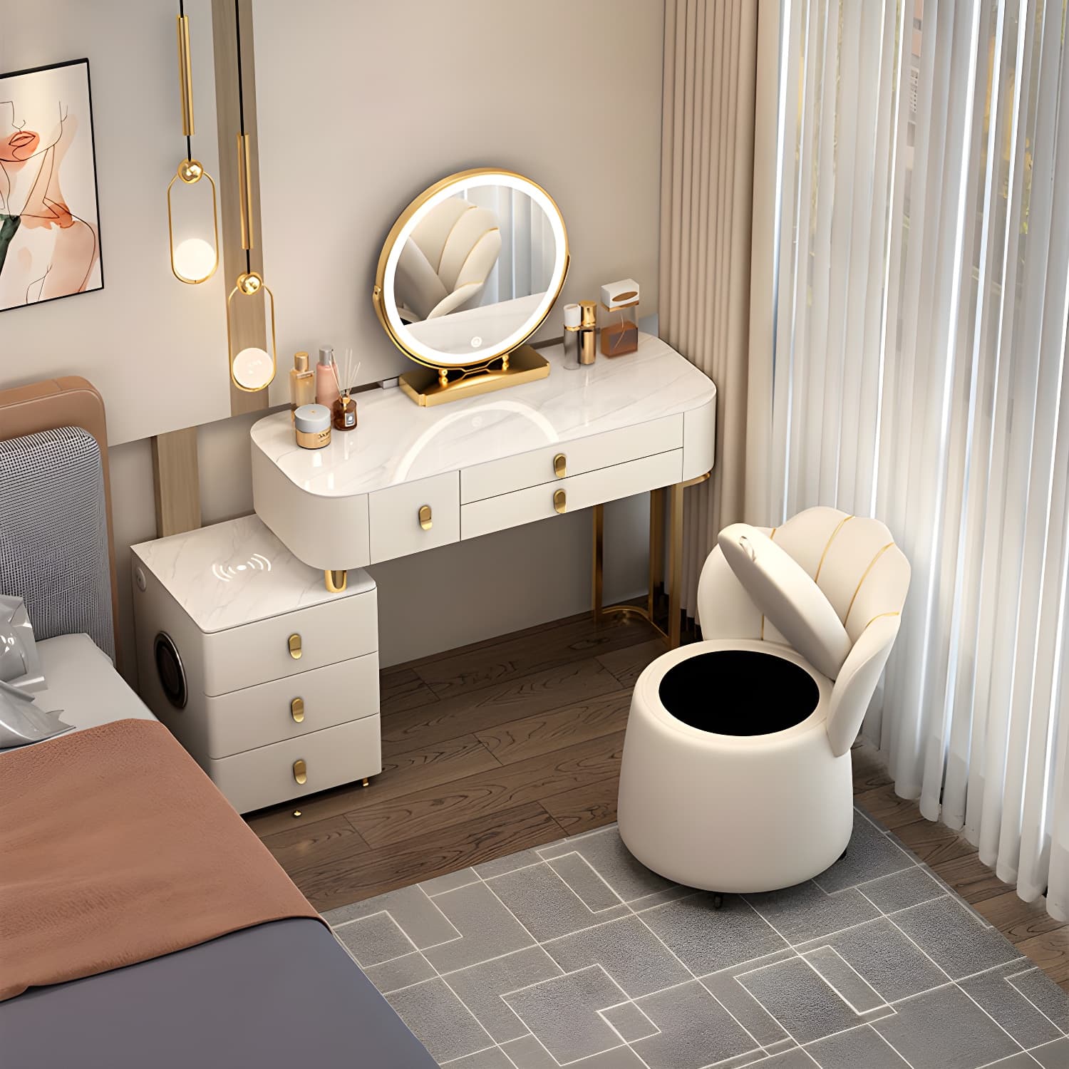 Lighted Mirror Vanity Dressing Table Set with Storage Drawers - image 6