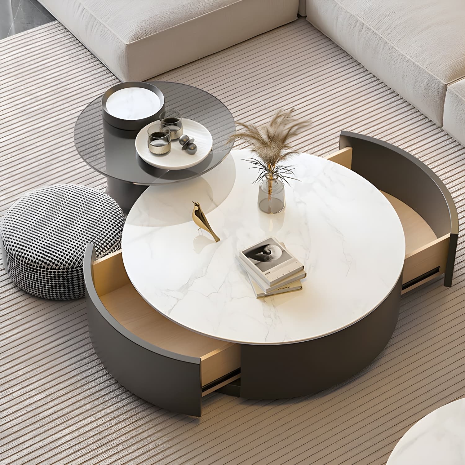 Stone Top Coffee Cocktail Table with Drawer Drum Contemporary Round