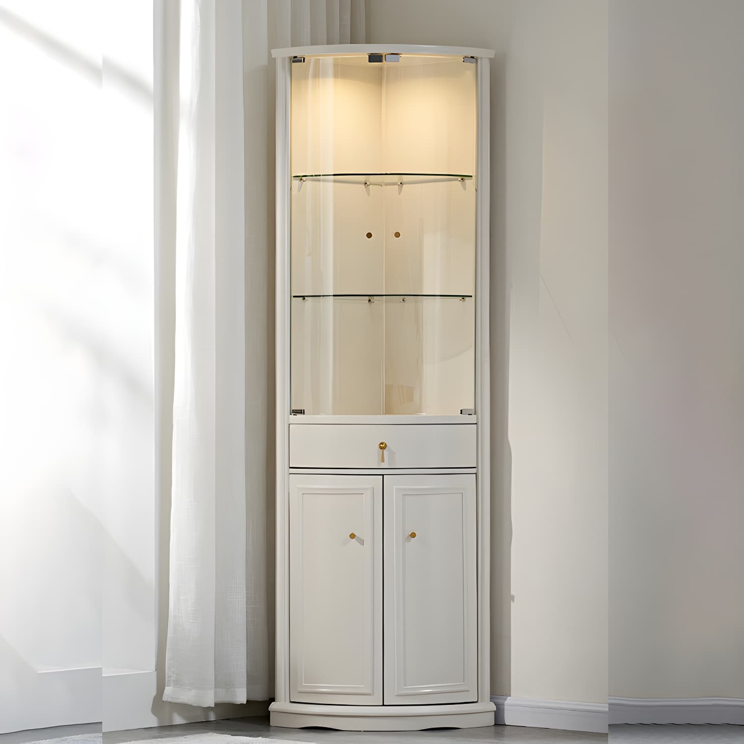 Corner Mid-Century Modern Accent Cabinet with Wood Countertop, Glass Doors, and Drawers Included - image 7