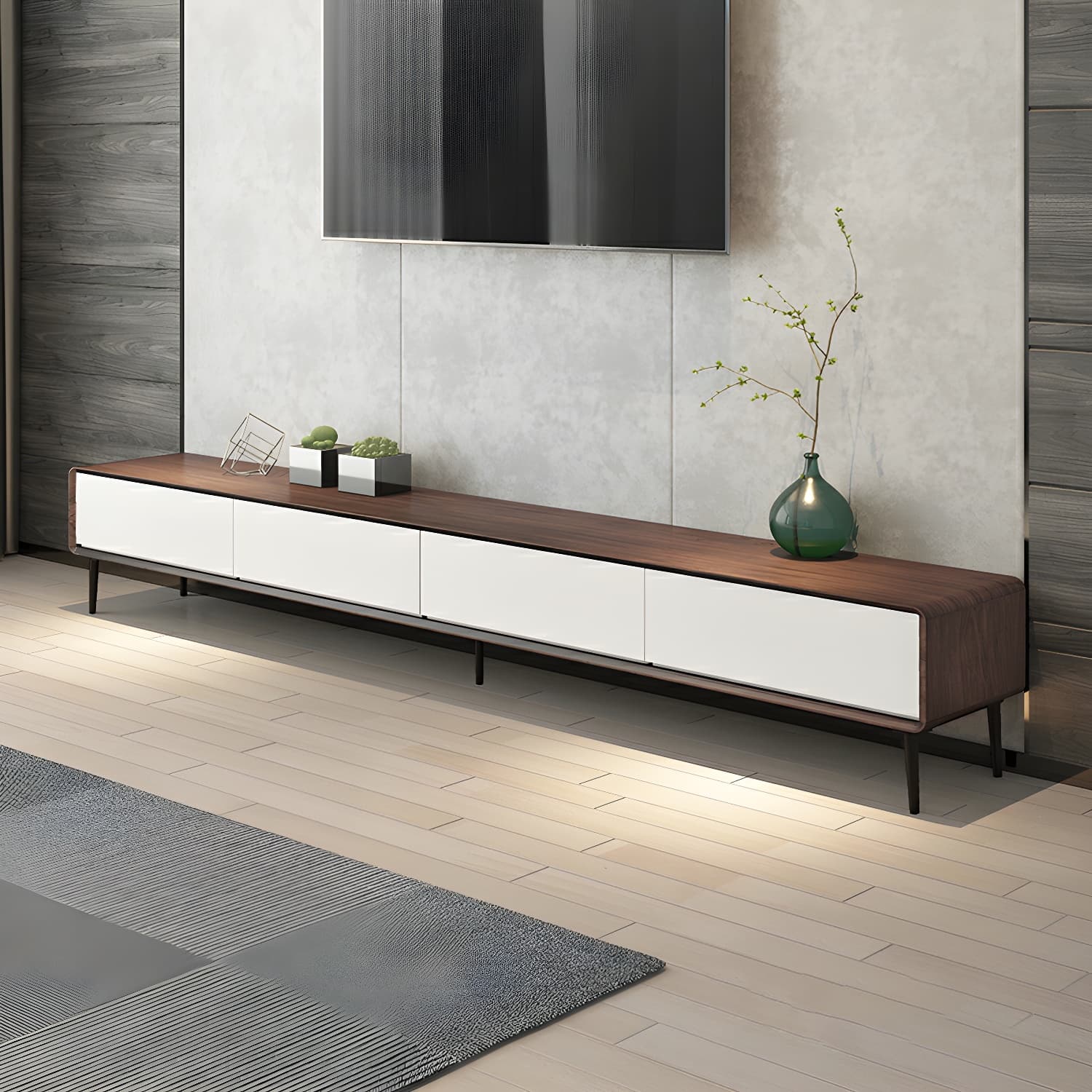 Modern Wooden Long and Low TV Stand with 4 Drawers, No Assembly Required, Dark Tone - image 9