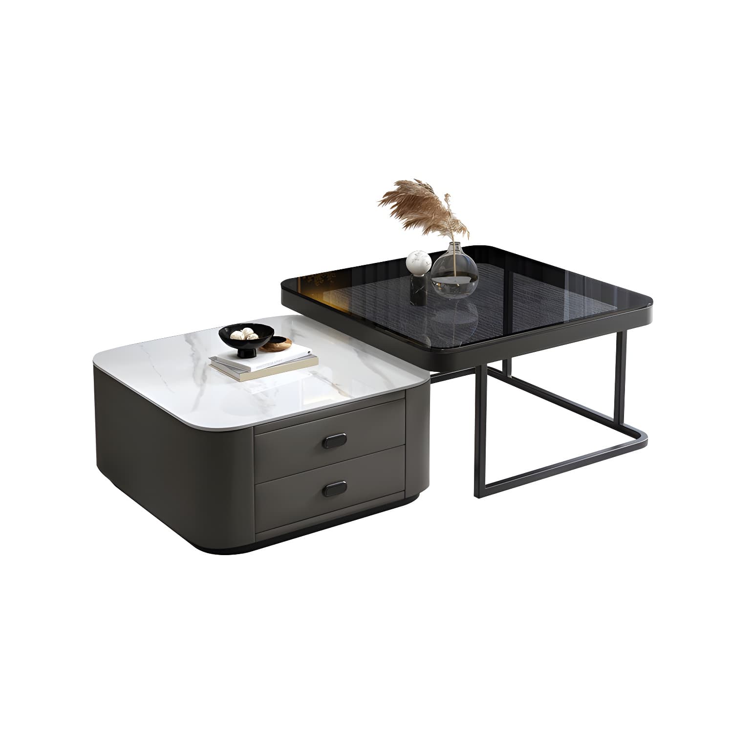 Square Coffee Table Glass Top 2 Nesting Coffee Table Set with Storage