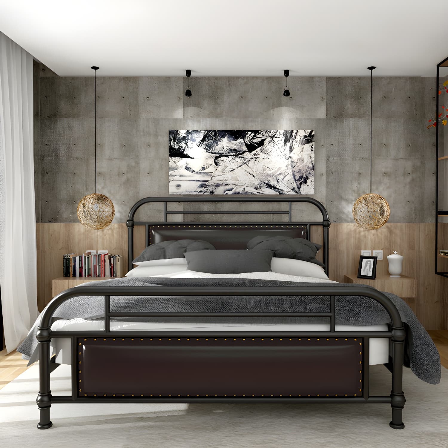 Industrial Nailhead Upholstered Bed Frame Metal 43.3" Tall Bed - image 4