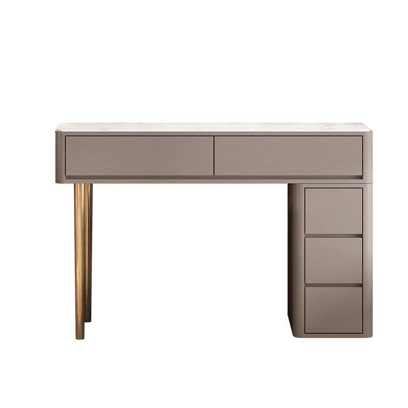 Vanity Set with Stone Table Top, Light Gray Upholstered Chair, 5 Drawers, Mirror Lights, and Push-Pull Lighting
