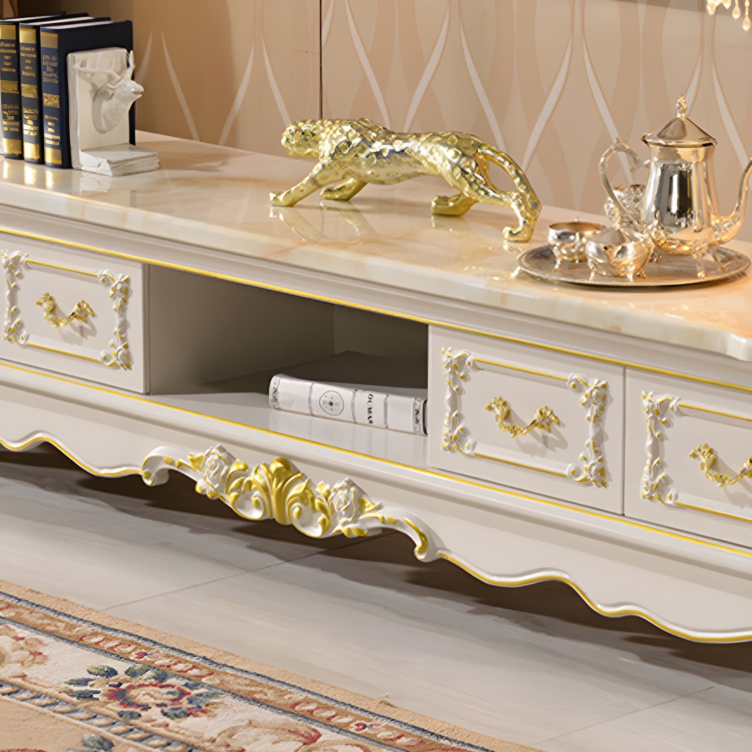 Traditional Marble Top TV Cabinet Solid Wood Crafted TV Stand for Living Room - image 9