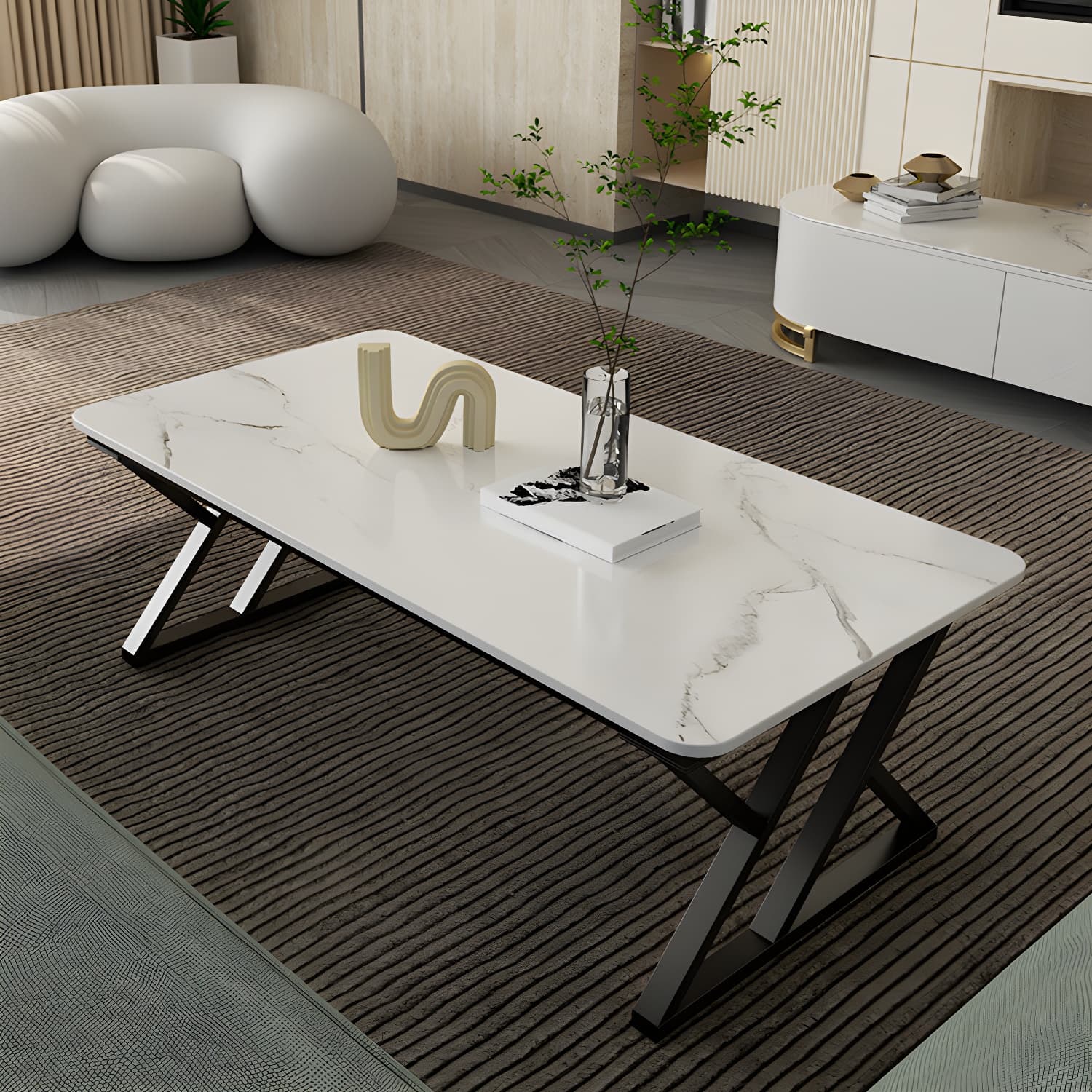 Rectangle Stone Top Coffee Table with Iron Sled Base Cocktail Table - image 3