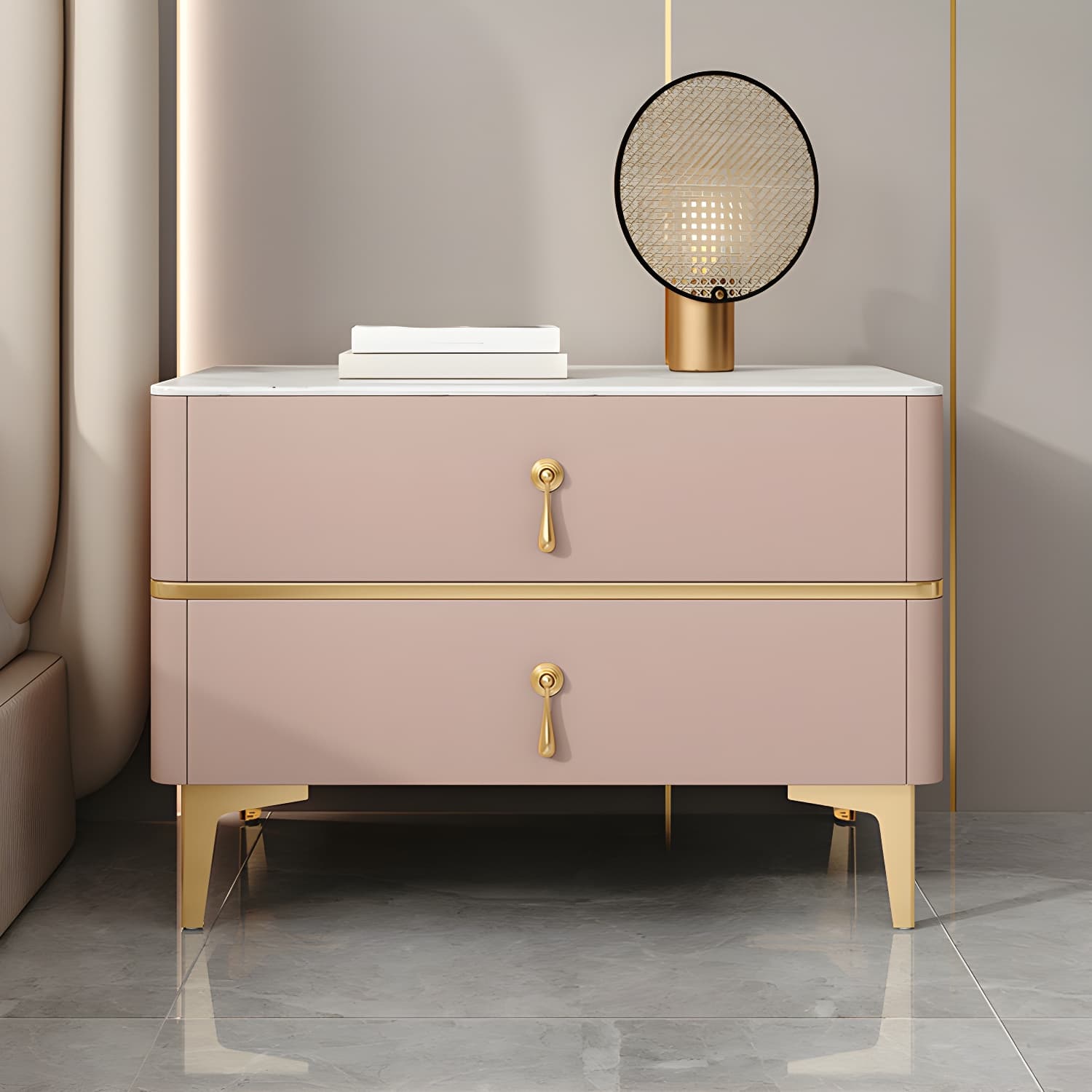 Glam Style Sintered Stone Top 2- Drawer Nightstand with Legs for Bedroom - image 9