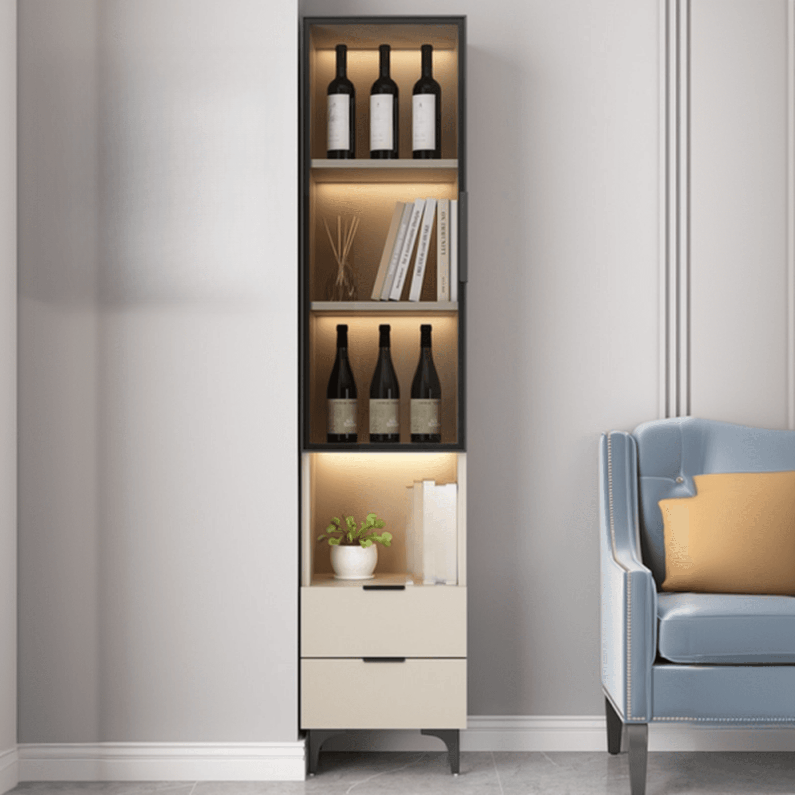 Rectangle Utility Cabinet with Locker, Glass Door, Pull Bars, White/Espresso/Off White Top, Soft Close Drawer, and Light - image 5