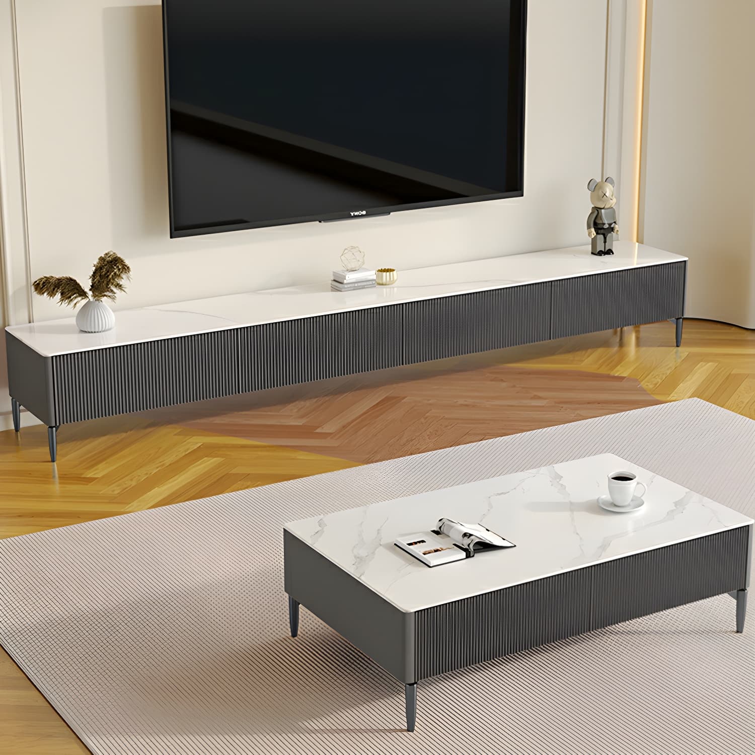 Modern Stone TV Stand with Drawers and Soft Close Glides featuring Cable Management - image 5